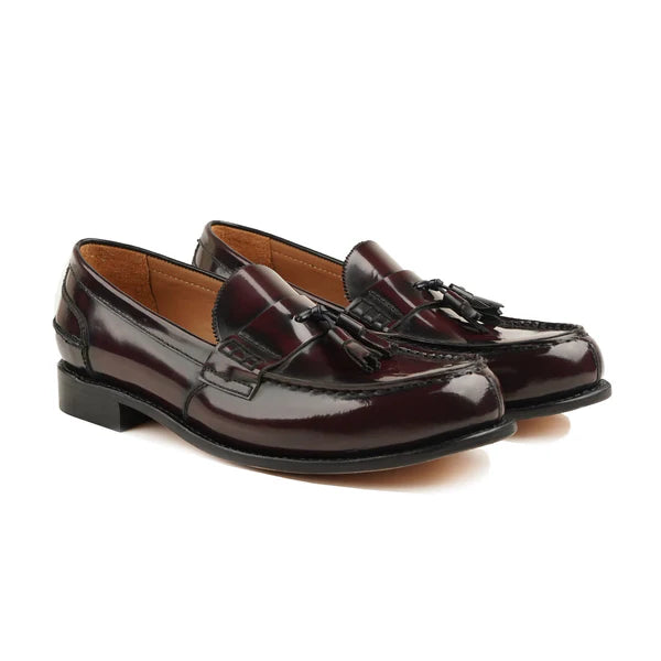 Handmade Men Patent Brown Leather Tassels Penny Party Wear Loafers, Formal Shoes