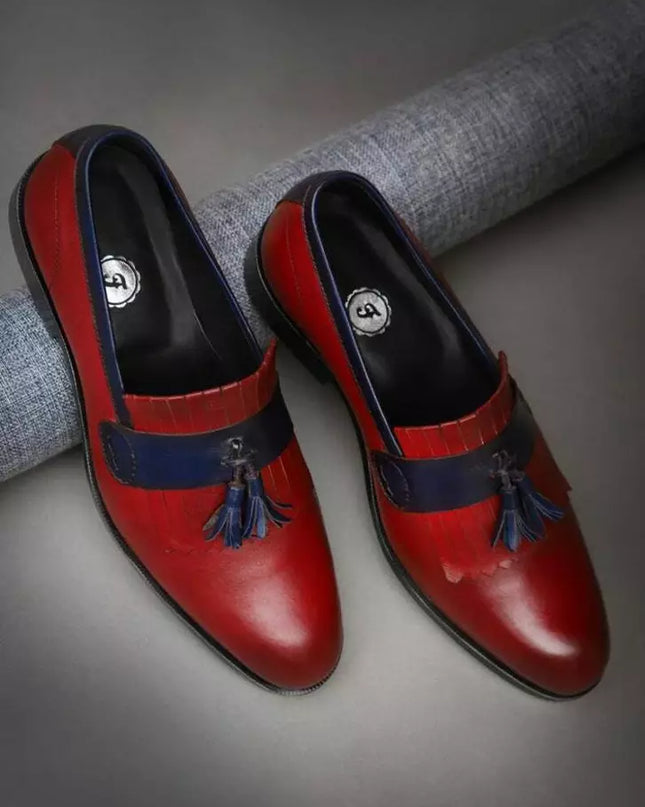 Handmade Men Red and Blue Leather Tassel Loafer Shoes, Men Party slip on Shoes