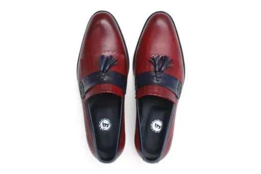 Handmade Men Red and Blue Leather Tassel Loafer Shoes, Men Party slip on Shoes