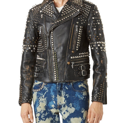 Men’s Biker Studded Stylish Magnificent Leather Jacket All Sizes Available Antique Brown Distressed Multi color studs belted strap zipper