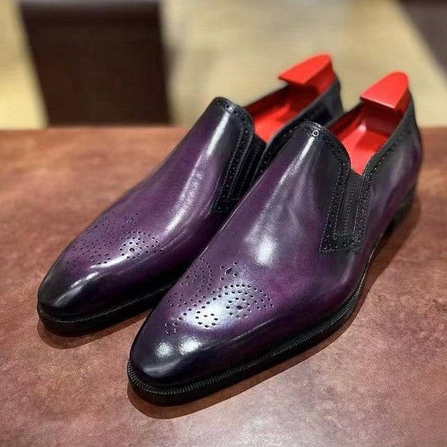 New Purple Handmade Shoes, Office Brogue Moccasin, Leather Slip Ons, Dress Shoes