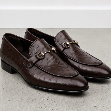 Handmade Men Dark Brown Ostrich Leather Loafers Office Shoes, Dress shoes for mens