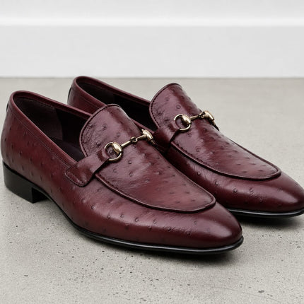 Handmade Men Burgundy Ostrich Leather Loafers Office Shoes, Dress shoes for mens