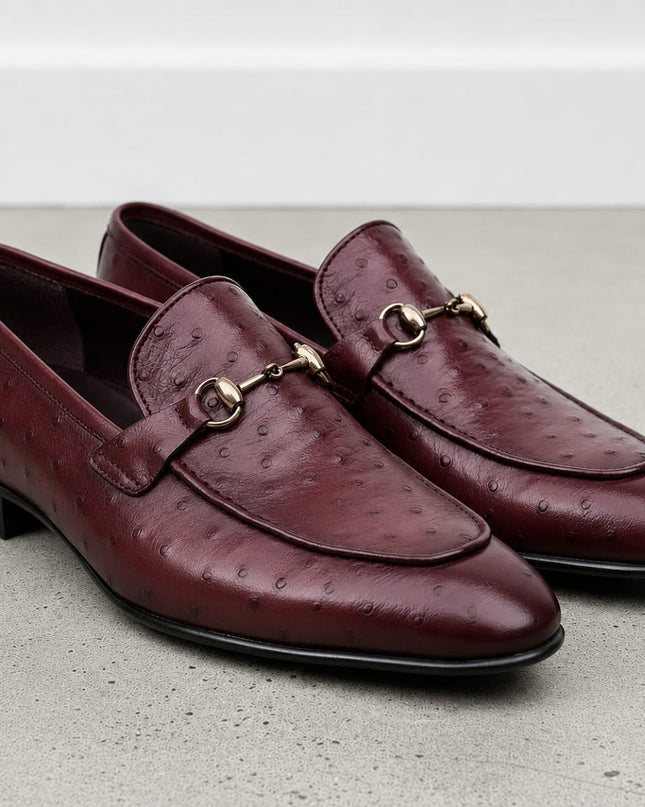 Handmade Men Burgundy Ostrich Leather Loafers Office Shoes, Dress shoes for mens