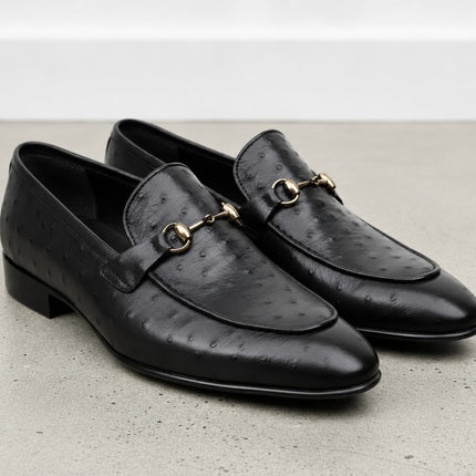 Handmade Men Black Ostrich Leather Loafers Office Shoes, Dress shoes for mens