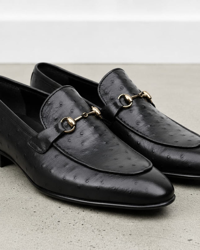 Handmade Men Black Ostrich Leather Loafers Office Shoes, Dress shoes for mens