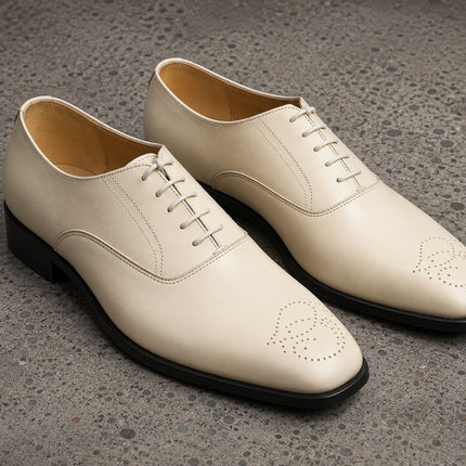 Handmade beige leather lace up men brogue office shoes, Dress shoes for mens