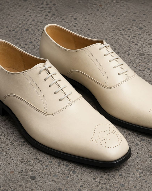 Handmade beige leather lace up men brogue office shoes, Dress shoes for mens