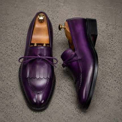 Handmade Men Purple Fringes Laces Leather Penny Loafers Slip ons Office Shoes