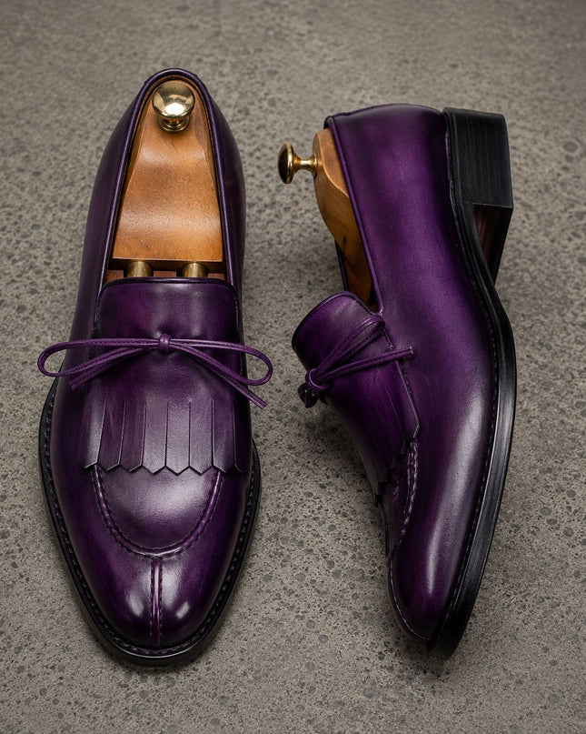 Handmade Men Purple Fringes Laces Leather Penny Loafers Slip ons Office Shoes