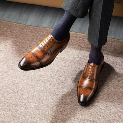 Handmade Men’s Tan Brogue Oxford Lace Up Shoes, Men Brown Dress Shoes, Shoes for Men