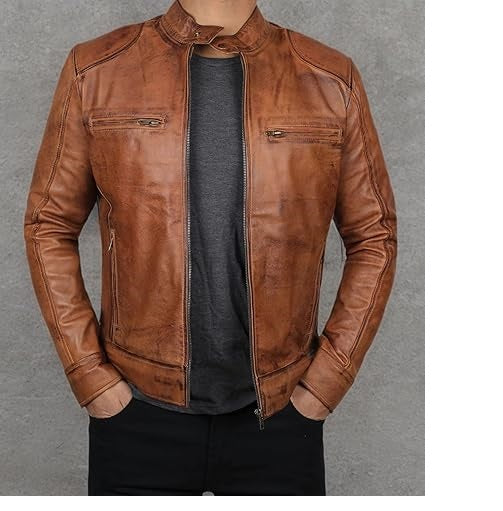 Handmade Tan Brown Leather Men Slim Dress Jacket, Fashion Jacket, Biker Jacket