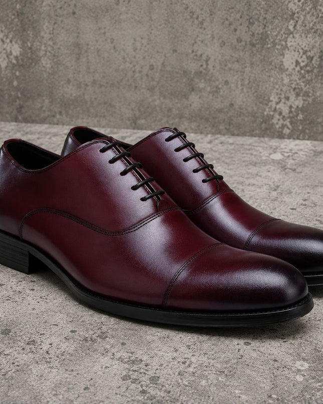 Handmade men burgundy leather lace up cap toe office shoes, Formal shoes for mens