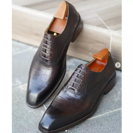 Handmade Mens Brown Alligators Lace Up Dress Shoes, Men Crocodile Texture Oxford Shoes