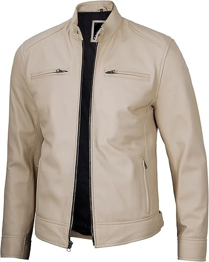 Handmade Beige Leather Men Slim Dress Jacket, Fashion Jacket, Biker Jacket