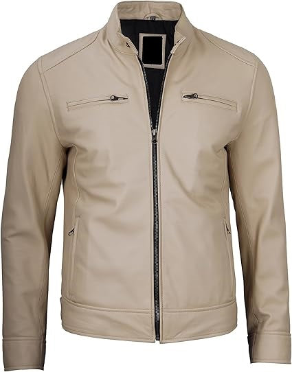 Handmade Beige Leather Men Slim Dress Jacket, Fashion Jacket, Biker Jacket