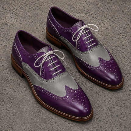 Handmade purple & gray wingtip brogue lace up dress shoes for mens, office shoe for men