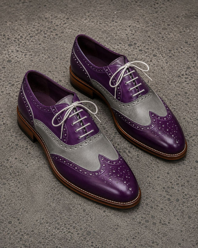 Handmade purple & gray wingtip brogue lace up dress shoes for mens, office shoe for men