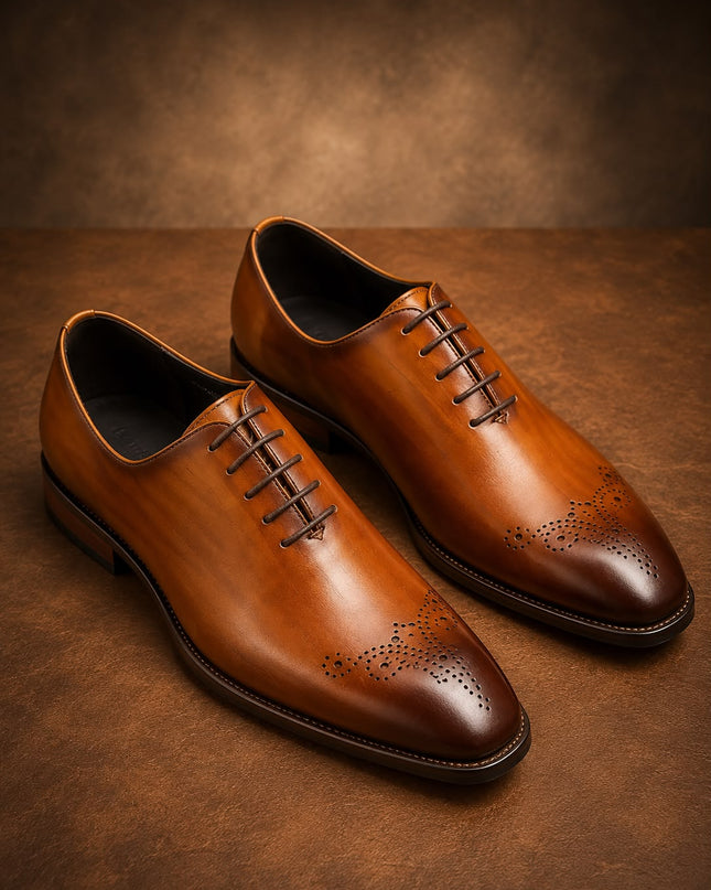 Handmade men shaded brown leather brogue office shoes, Lace Up Dress shoes for mens