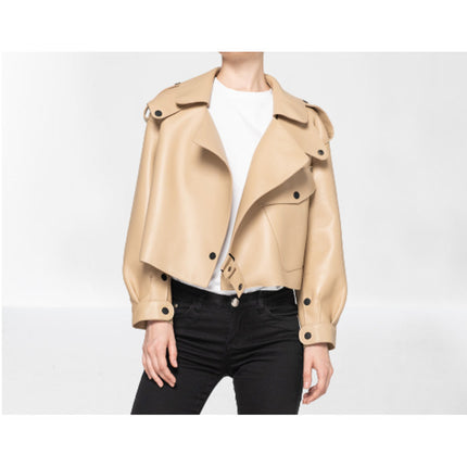 Women Beige Leather Loose Style Fashion Jacket, Street Style Jackets