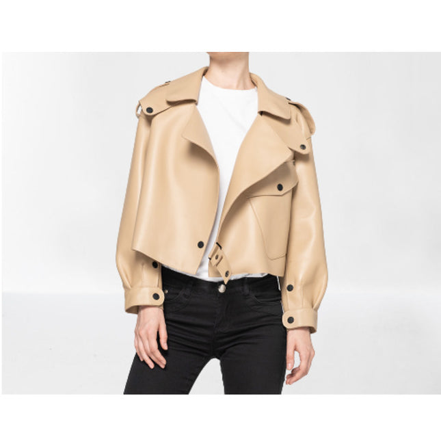 Women Beige Leather Loose Style Fashion Jacket, Street Style Jackets