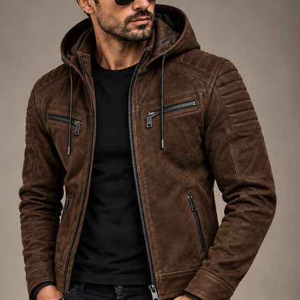 Men Brown Suede Hooded Jacket, Mens Biker Jacket, Casual Leather Suede Jackets