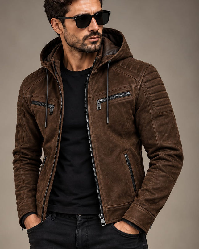 Men Brown Suede Hooded Jacket, Mens Biker Jacket, Casual Leather Suede Jackets