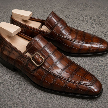 Handmade Men Brown Alligator Pattern Leather Buckle Loafers Office Shoes, Dress shoes for mens