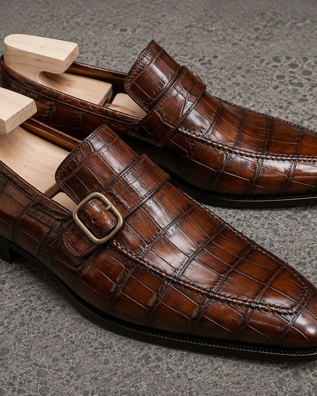 Handmade Men Brown Alligator Pattern Leather Buckle Loafers Office Shoes, Dress shoes for mens