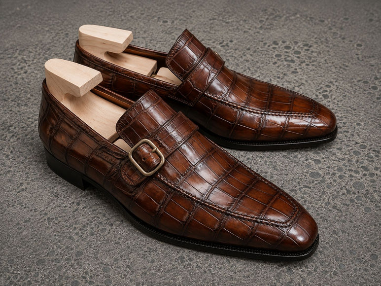 Handmade Men Brown Alligator Pattern Leather Buckle Loafers Office Shoes, Dress shoes for mens