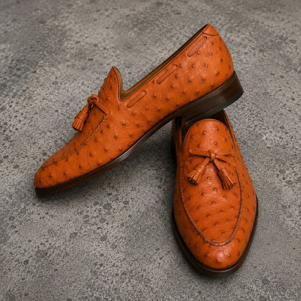 Handmade Men Tan Ostrich textured Leather Tassels Loafers Office Shoes, Dress shoes for mens