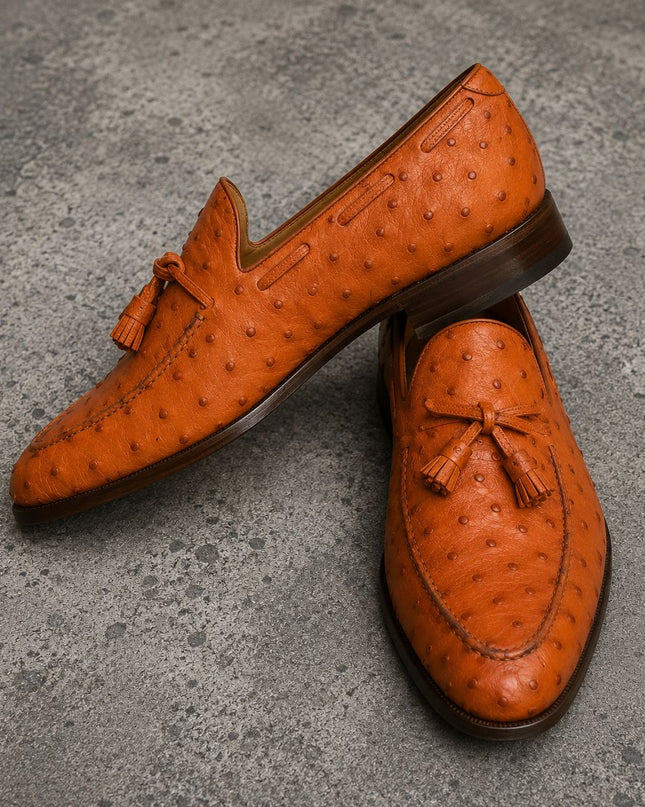 Handmade Men Tan Ostrich textured Leather Tassels Loafers Office Shoes, Dress shoes for mens