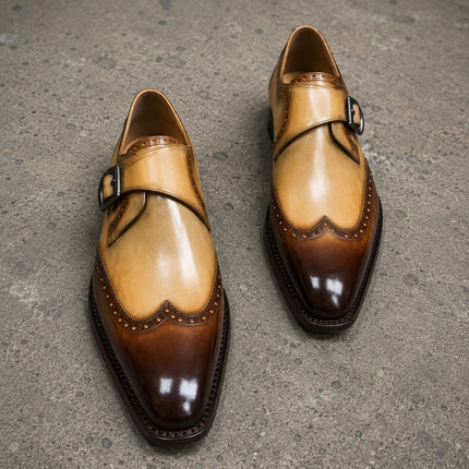Handmade two tone leather wingtip monk strap men office shoes, Dress shoes for mens