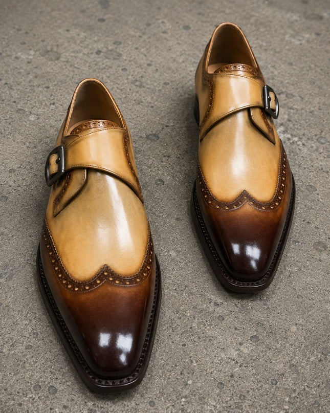 Handmade two tone leather wingtip monk strap men office shoes, Dress shoes for mens
