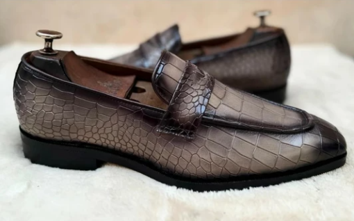 Handmade Men’s Gray Crocodile Textured Moccasins, Men Gray Dress Shoes, Crocodile Print