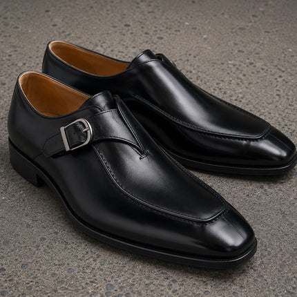 Handmade black leather single monk strap men office shoes, Dress shoes for mens