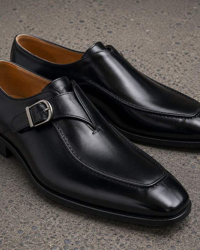 Handmade black leather single monk strap men office shoes, Dress shoes for mens