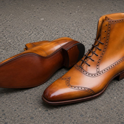 Handmade men tan leather high ankle lace up formal wingtip boot, Dress for mens
