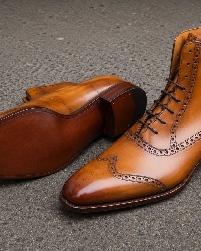 Handmade men tan leather high ankle lace up formal wingtip boot, Dress for mens