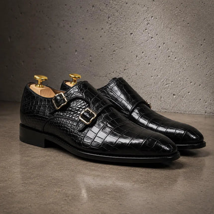 Handmade black crocodile pattern leather Monk Strap Office shoes, Men Dress shoes