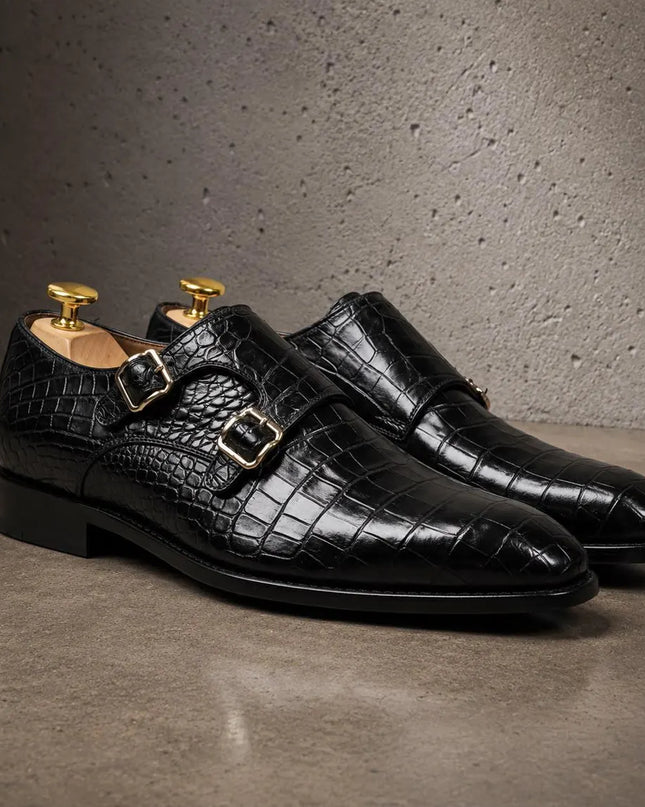 Handmade black crocodile pattern leather Monk Strap Office shoes, Men Dress shoes