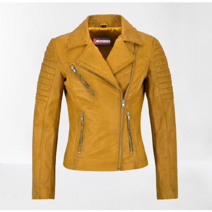 Women Tan Leather Biker Jacket, Tan Street Style Fashion Jacket