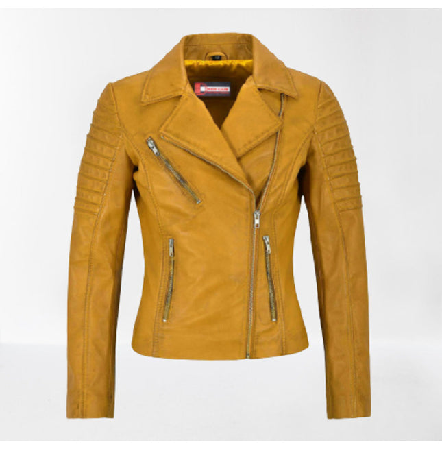 Women Tan Leather Biker Jacket, Tan Street Style Fashion Jacket