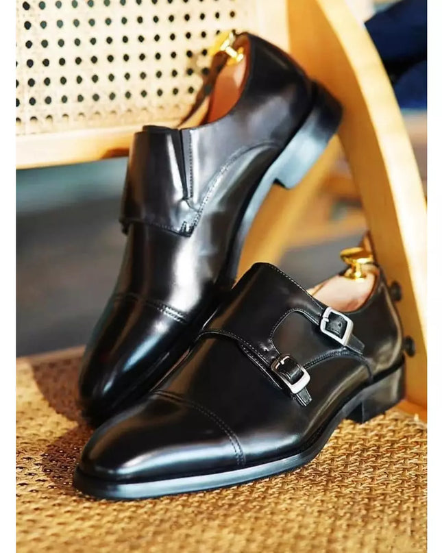 New Men Black Leather Handmade Double Monk Shoes, Men Brown Buckle Dress Shoes