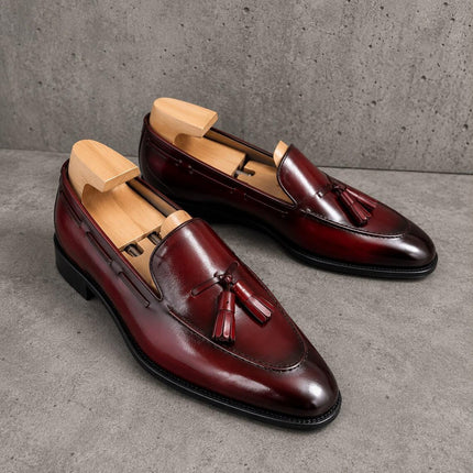 Handmade Men Burgundy Leather Tassels Slip ons Office Shoes
