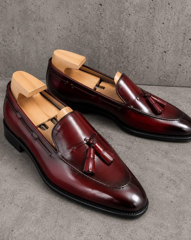 Handmade Men Burgundy Leather Tassels Slip ons Office Shoes