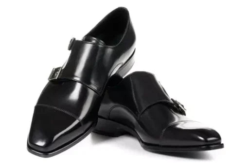 Handmade Black Double Buckle Dress Shoes for Men, Men Black Leather Monk Shoes