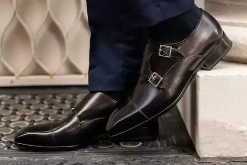Handmade Black Double Buckle Dress Shoes for Men, Men Black Leather Monk Shoes