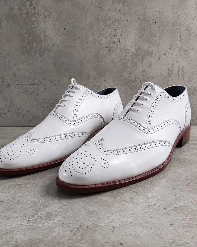 Handmade men white wingtip brogue lace up shoes, office dress shoes for mens