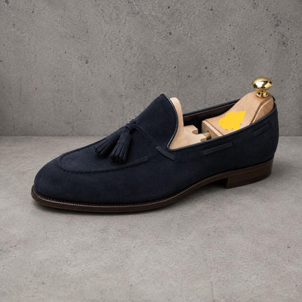 Men's dark blue Suede Tassel Loafer Shoes, Hand Stitched Dress Slip-Ons Shoes